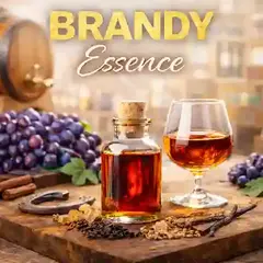 Brandy essence bottle with brandy snifter, grapes, and oak barrel creating rich brandy flavor essence for cocktails and homemade spirits.