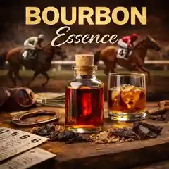 Bourbon essence bottle with Kentucky horse racing theme, bourbon glass, and oak spices creating rich Kentucky bourbon flavor essence for cocktails and spirits.