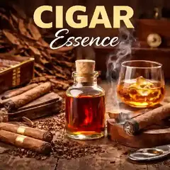 Cigar essence bottle with tobacco leaves and cigars creating a rich tobacco flavor essence for whiskey, bourbon, and cocktails.