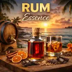 Rum essence bottle with tropical beach sunset, oak barrel, and rum glass creating rich Caribbean rum flavor essence for cocktails and homemade rum.