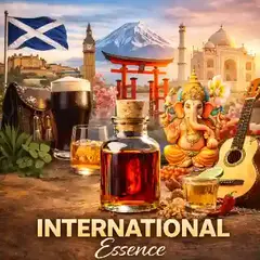 International essence bottle surrounded by global spirit icons including Scottish whisky, Irish whiskey, Japanese whisky, Mexican spirits, and Indian spirits representing world flavor essences.