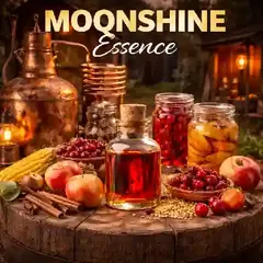 Moonshine essence bottle with old copper still, apples, peaches, cherries, and mason jars creating authentic moonshine flavor essence for homemade spirits.