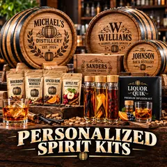 Personalized spirit kits featuring custom engraved oak barrels, whiskey and bourbon essences, barrel aging accessories and Liquor Quik infusion kits.