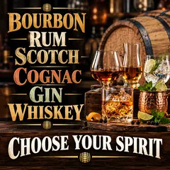 Choose Your Spirit kits featuring whiskey, bourbon, rum, Scotch-style whiskey, cognac and gin options with oak barrel and craft spirit glasses.