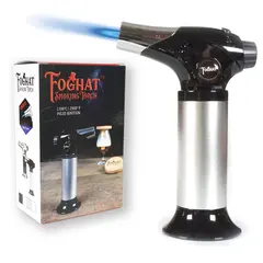 Foghat Culinary Torch with retail box packaging, adjustable 2500°F blue flame butane kitchen torch with piezo ignition and safety lock