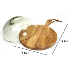 Glass smoking cloche dome with round wooden cutting board and handle, designed for smoked cocktails and whiskey presentation, shown on white background with dimensions
