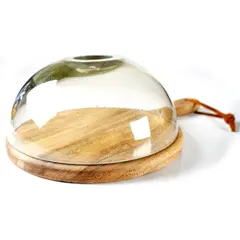 Glass smoking cloche dome with round wooden cutting board and handle, designed for smoked cocktails and whiskey presentation, shown on white background with dome on