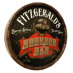 Angled view of Fitzgerald’s Bourbon Bar quarter barrel sign showing solid wood rim and dimensional barrel relief.