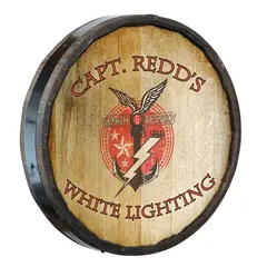 Angled profile view of handmade White Lightning moonshine quarter barrel wooden wall sign showing dimensional 3 inch barrel depth.
