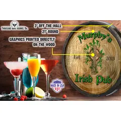 Irish pub barrel end sign displayed with cocktails and bar accessories