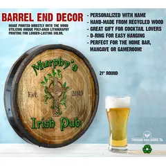 21 inch round personalized quarter barrel sign with depth and measurement details