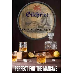 Scotch Distillery Quarter Barrel (C15) on wall with whiskey bottles