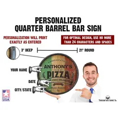 Personalized quarter barrel pizza sign 20 inch round with Italian flag background and custom name personalization map