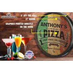 Personalized pizza barrel sign displayed in game room bar with product call outs