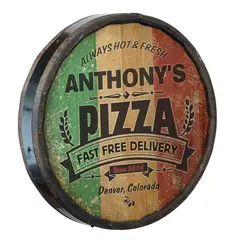 Personalized quarter barrel pizza sign 20 inch round with Italian flag background and custom name