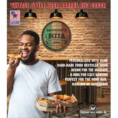 Personalized pizza barrel sign displayed in game room bar with product specs