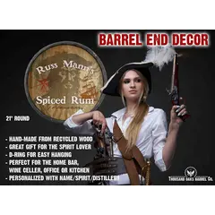 Blackbeard's Spiced Rum round barrel head wall sign featuring pirate face, compass rose and sailing ship with pirate woman and sword