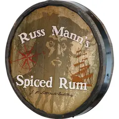 Russ Mann’s Spiced Rum handmade 20–21 inch quarter barrel sign showing 3D depth and wooden barrel rim detail.