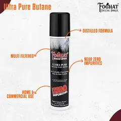 Foghat Culinary Butane highlighting distilled formula, multi-filtered process, near zero impurities, and home & commercial use