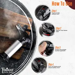 Foghat Culinary Torch step-by-step instructions showing safety lock, flame adjustment, ignition button, and shutdown process