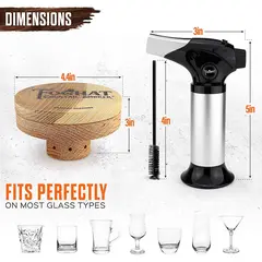 Foghat cocktail smoker lid and torch dimensions showing compatibility with most glass types including rocks and coupe glasses.