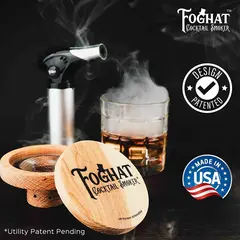 Foghat cocktail smoker kit with refillable torch and smoked whiskey glass, design patented and made in USA premium oak wood drink smoking accessory.