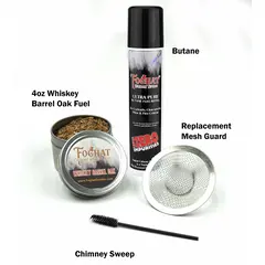 Foghat Cocktail Smoker Refill Kit with whiskey barrel oak smoking fuel tin, ultra pure butane canister, stainless steel replacement mesh guard, and chimney sweep cleaning brush on white background.