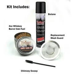 Foghat Cocktail Smoker Refill Kit with whiskey barrel oak smoking fuel tin, ultra pure butane canister, stainless steel replacement mesh guard, and chimney sweep cleaning brush on white background.