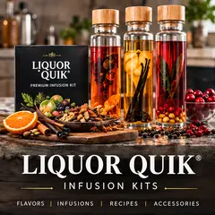 Liquor Quik Infusion Kit displayed on a kitchen counter with whiskey infusion bottle and flavor packets while a happy couple enjoys whiskey in rocks glasses in the background.