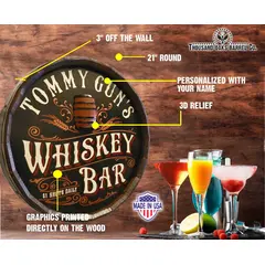 Whiskey Bar quarter barrel on brick wall with specs