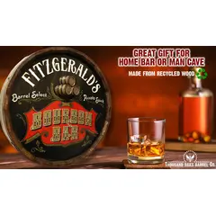 Bourbon Bar barrel end sign highlighting 3D relief barrels and handcrafted whiskey glass