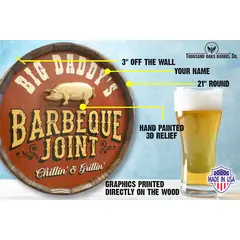 Handmade barrel end BBQ sign mounted on brick wall showing raised 3D pig detail product dimensions