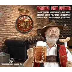 Handmade barrel end BBQ sign mounted on brick wall showing raised 3D pig detail and products specs