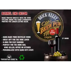 Brew pub quarter barrel wall sign displayed in bar setting with product specs