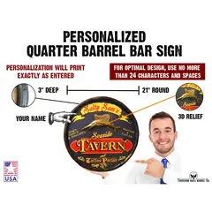 Salty Sam’s Seaside Tavern round wooden barrel head sign featuring raised 3D sailfish and bold tavern lettering and personalization map