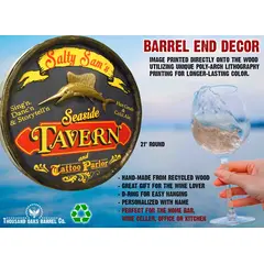 Angled side view of handmade quarter barrel tavern sign showing 3 inch depth and dimensional wood construction.