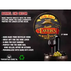 Salty Sam’s Seaside Tavern round wooden barrel head sign featuring raised 3D sailfish and bold tavern lettering and specs