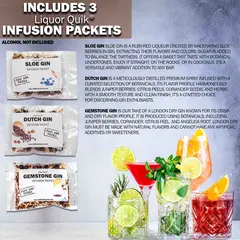 Gin botanical infusion packets including Sloe Gin, Dutch Gin, and Gemstone Gin blends.