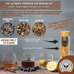 DIY gin making kit showing botanical blends and vodka infusion process.
