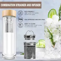 Glass gin infuser bottle with removable stainless steel botanical filter and strainer.