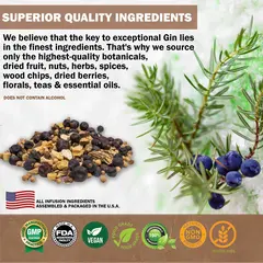 Premium gin botanicals including juniper berries, herbs, citrus peels, and spices.