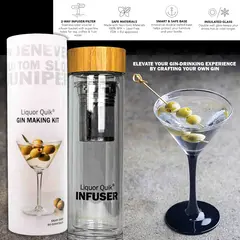 Liquor Quik gin infuser bottle next to martini cocktail showing finished craft gin.