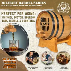 Navy engraved American white oak mini barrel for aging whiskey, bourbon, rum and cocktails 8 to 10 times faster.