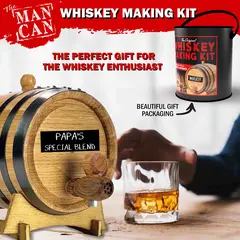 Man Can Whiskey Making Kit featuring oak barrel labeled Papa’s Special Blend next to a whiskey glass, highlighting premium gift packaging for whiskey enthusiasts.