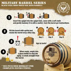 Step-by-step guide showing how to cure, fill, rotate, and age spirits in an Army engraved mini oak aging barrel.
