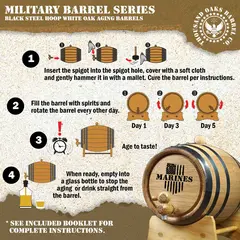 Instructions for curing and aging spirits in Marines engraved mini oak barrel including filling, rotating and aging steps.