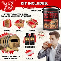 Complete Man Can Whiskey Making Kit contents including American white oak barrel, spigot, bung, stand, chalk, and Kentucky bourbon essence bottles.
