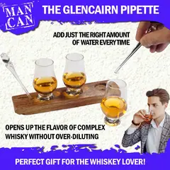 Close-up of Glencairn pipette adding water to whiskey glass on real Scotch barrel stave flight board to enhance aroma and flavor.