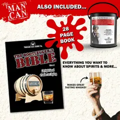 The Bootlegger’s Bible 28-page guide included in the Man Can Whiskey Making Kit, featuring barrel aging instructions and bourbon recipes.