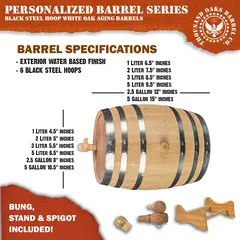 American white oak mini aging barrel dimensions and specifications including exterior finish, black steel hoops and included accessories.